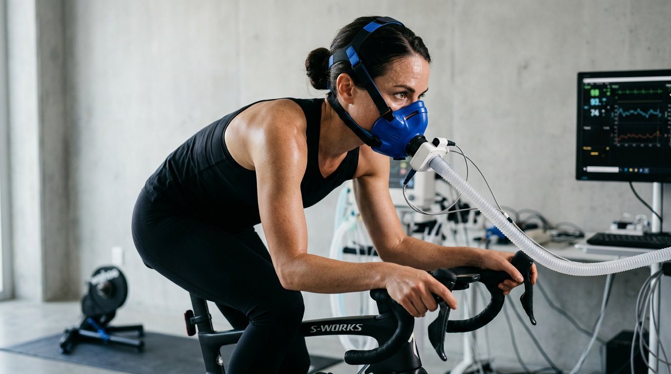 VO₂max test na sobnem kolesu z masko za merjenje porabe kisika